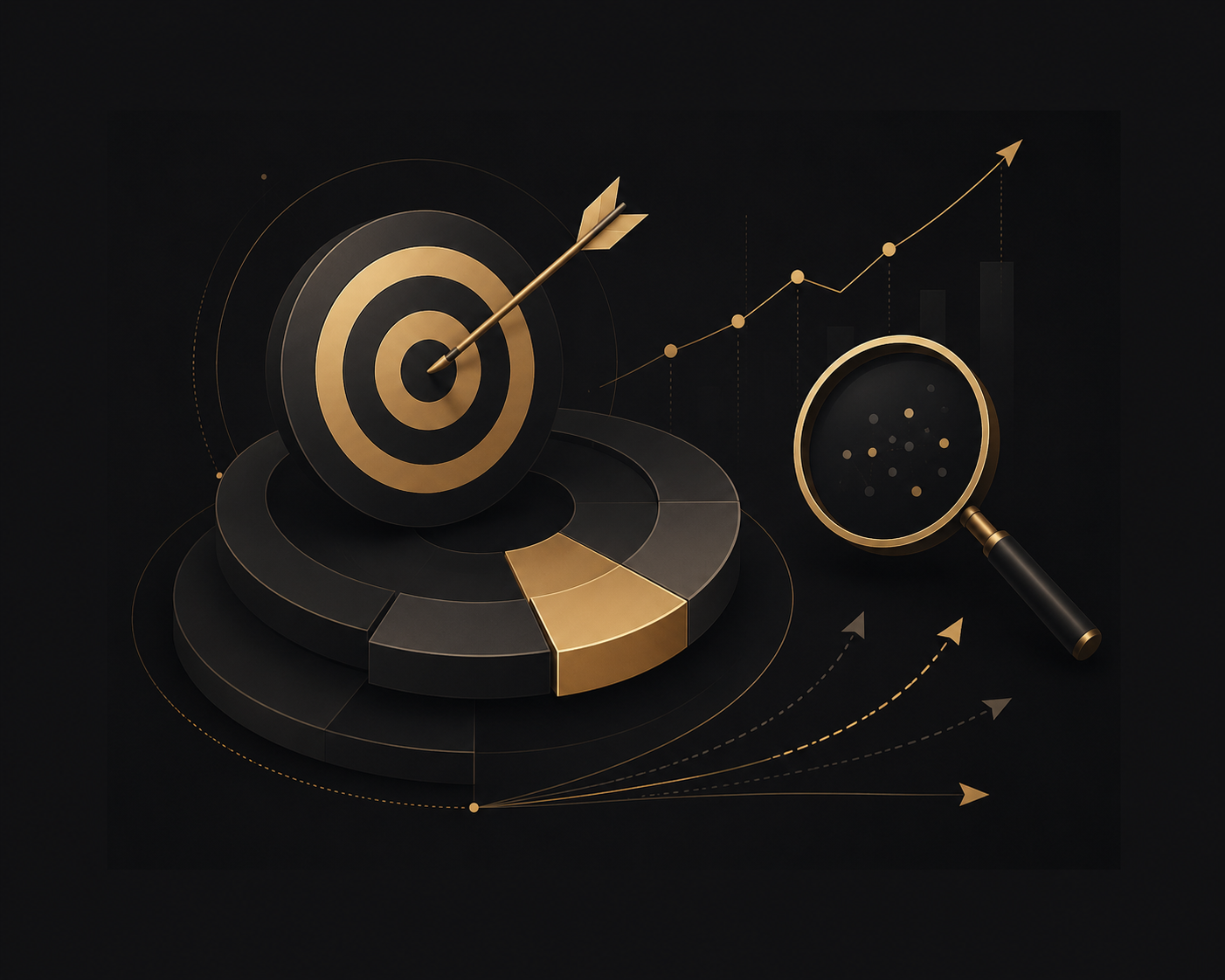 Ilustración gráfica de estrategia, posicionamiento y mercado